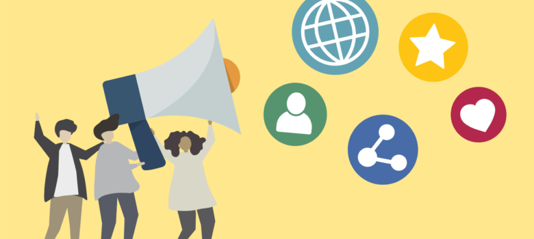 People with megaphone and social media icons illustration